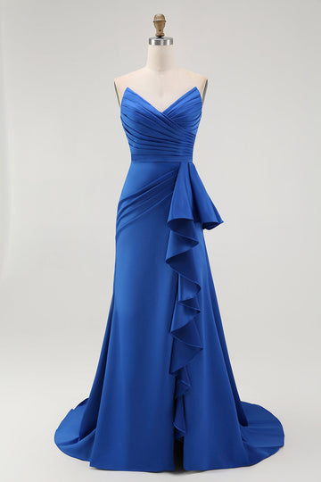 Royal Blue Strapless A Line Ruffled Long Formal Dress with Sash
